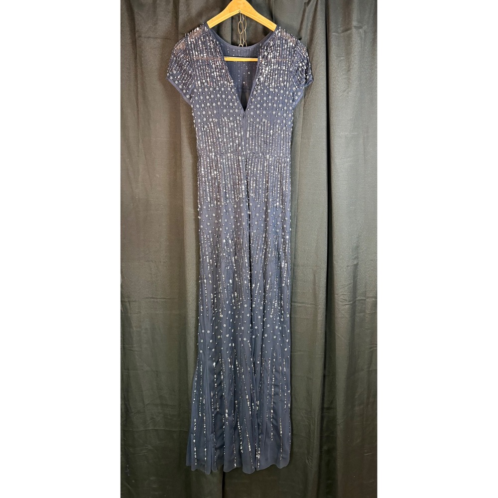 Adrianna Papell Navy Blue Beaded Sequin V-Neck Maxi Gown Dress Size 6 091918060